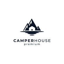 Home With Mountain And Lake For Holiday And Camp Logo Design