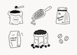 Hand drawn line doodle style cafe illustrations, black line icons, coffee bean burlap sack, scoop with grains