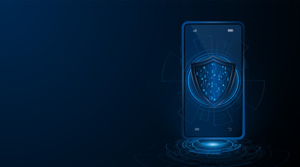 Poster - Shield symbol, smartphone security concept and cyber data protection and privacy. Advanced security technology innovation concept background.