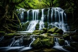 Fototapeta Krajobraz - long exposure of a waterfall in a lush forest, generative ai