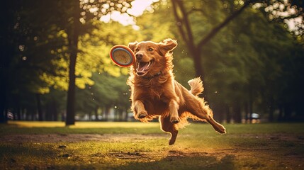 Wall Mural - candid shot of a dog catching a frisbee in motion, generative ai