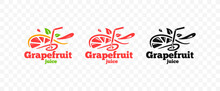 Grapefruit Juice With Straws And Half An Grapefruit Fruit With Slices Logo Design. Fresh Smoothie Drink With Swirl And Leaves Vector Design