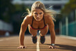 athletic girl took a stand in a prone position and does push-ups