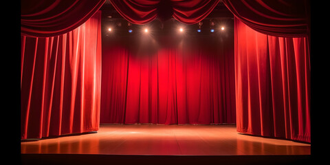 Realistic theater red dramatic curtains, spotlight on stage theatrical classic drapery template illustration. Stage with red curtains