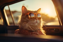 Happy Cat With Sun Glasses In Car Go To Rest At Sea. Summer Vocation Travel. Generative AI