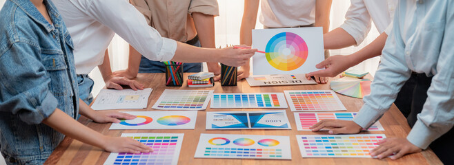 Aufkleber - Graphic designer brainstorm logo and graphic art at busy creative studio workshop. Experiment and brainstorm color palette and pattern at workspace table for creative design. Panorama shot. Scrutinize