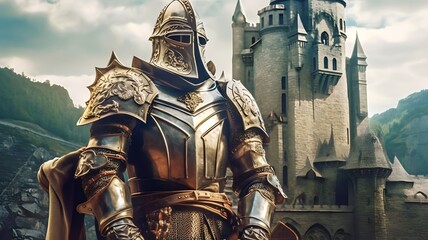 armored medieval knight in front of a beautiful castle, medieval background