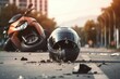 Motorcycle crash road accident with broken motorbike and helmet