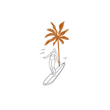 Hand Drawn Vector Abstract Simple Minimalistic Line Art Graphic Drawing Tropical Surfing Icon Sign Collection Set Isolated. Summer Palm Beach Modern Design Concept. Summer Palm Beach And Surf Logo.