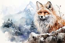 A Watercolor Painting Of A Fox In The Snow. Generative AI.