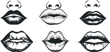 Set Of Lips Icon Collection. Vector Illustration Of Sexy Woman's Lips Expressing Different Emotions, Sexy Lips Isolated On White Background. 3D Design. Woman's Lips Closeup