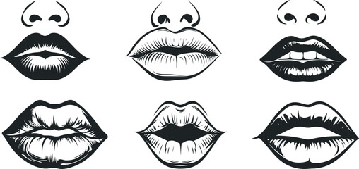 set of lips icon collection. vector illustration of sexy woman's lips expressing different emotions,