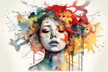 Art Woman Face Watercolor Colourful Style Design Portrait Illustration Lip Beauty. Generative AI.