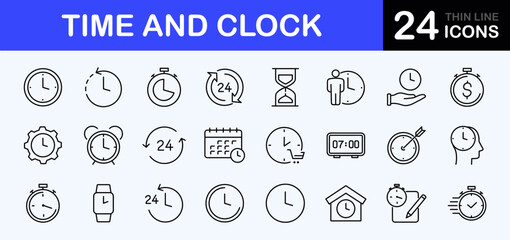 Time and clock web icons set. Time and clock - simple thin line icons collection. Containing timer, countdown, hour, calendar, alarm, date and more. Simple web icons set