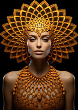 A Woman Wearing A Golden Headdress And A Necklace. Generative AI.