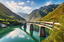 A Panoramic Shot Of A Train Crossing A Picturesque Bridge, Surrounded By Stunning Natural Scenery, Such As Mountains Or Water Bodies, Generative AI