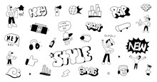 
Funny Doodles Grahic Set  Characters And Lettering , Hand Drawn Sign And Symbols,
Isolated  Vector Background Street Art Style