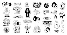 
Funny Doodles Grahic Set  Characters And Lettering , Hand Drawn Sign And Symbols,
Isolated  Vector Background Street Art Style