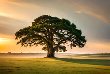 Youth Oak Tree Landscape View. Symbol Of Strength