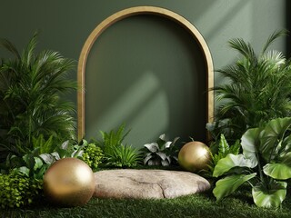 Wall Mural - Podium stone in tropical forest for product presentation and green wall.