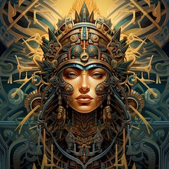 Wall Mural - A digital painting of a woman wearing a headdress. Generative AI. A tribal costume, outfit.