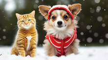 Cat And Dog In Winter Clothes On Snow Background. Corgi Dog And Cat In Winter Clothes.Christmas Winter-Themed Pet. 
Happy International Cat Day And National Dog Day.
