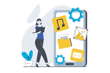 Poster - UI UX design concept with people scene in flat graphic for web. Woman creating mobile user interface layout and placing elements. Vector illustration for social media banner, marketing material.