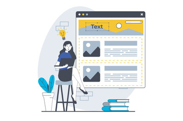 Leinwandbilder - UI UX design concept with people scene in flat graphic for web. Woman working with website layout, filling content and editing page. Vector illustration for social media banner, marketing material.