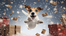 Dog Jumping In The Air, Bouncy And Christmas Boxes Generativa IA