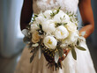 Bride holds a beautiful bouquet with white peony rose flowers and eucalyptus, African American female, brown skin, close up photo created with generative AI