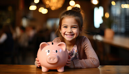 stock photography a child with pink piggy bank on wooden desk