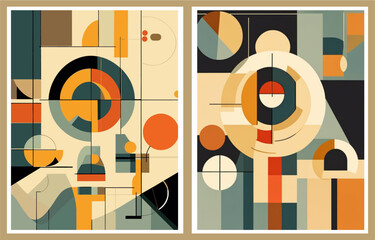 Wall Mural - Set of Bauhaus retro posters. Background, vector abstract wall art inspired by postmodernism. Vintage Mid Century modern 60s, 70s graphic design covers. Colorful geometric Vector compositions.
