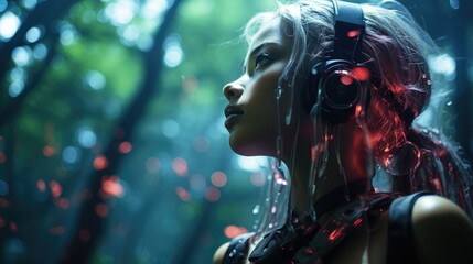 futuristic shot, robot woman walking in a digital forest. generative ai