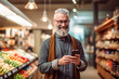 © toonsteb - a happy man uses her cell phone in a supermarket with Generative AI