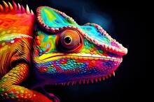 Colorful Chameleon On A Branch, A Creative Concept Of Adaptation And Transformation. Generative AI