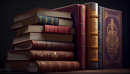 Hardcover books. Library background Ai generated image