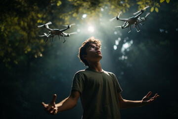 Wall Mural - young man with a flying drone with Generative AI