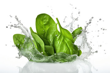 Pile of fresh green baby spinach leaves with water splash isolated on white background. (ai generated)