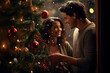 © toonsteb - happy couple decorating christmas tree through window with Generative AI