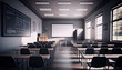 © PixxStudio - Illustration of well lit spacious hall for lectures and presentations. Classroom with whiteboard indoor background Ai generated image