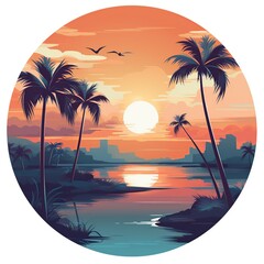 Poster - Tropical Beach Landscape Illustration - Paradise in a Circle