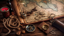 Pirate Ship, Treasure Map, Treasure Chest Full Of Gold And A Compass . Generative Ai