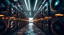 Cryptocurrency Mining Farm With Rows Of Powerful Mining Rigs Generative AI