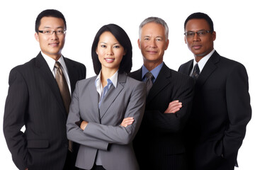 A group of business people stand confidently against a stark white transparent backdrop.  Generative AI