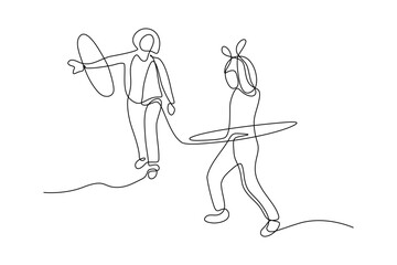 continuous line vector illustration of two women playing holahoop