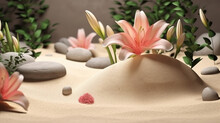 Zen Garden. Beautiful Lotus Flower And Stones On White Sand, Space For Text. Generative Ai