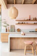 © mockupzord - This pastel hued bali inspired kitchen evokes a wild bohemian vibe with its intricate interior design and shelves that make it a dreamy paradise for all your culinary adventures