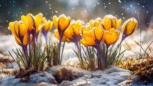 Flowers Grow Under Snow On A Spring Sunny Day. Generative Ai