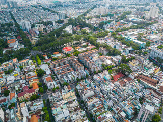 Aerial view of Ho Chi Minh City skyline and skyscrapers in center of heart business at Ho Chi Minh City downtown. Cityscape and many buildings, local houses