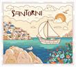 Santorini island, Greece. Beautiful traditional white architecture and blue domed Greek Orthodox churches over the caldera. Sailing boat at sea. Vector illustration in doodle style.